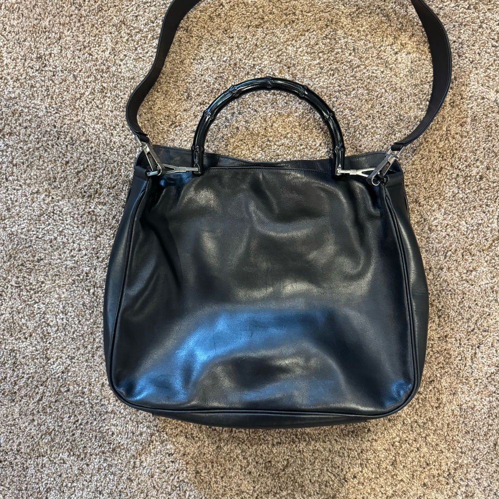 Gucci Vintage Black Lamb Leather 2 Way Bamboo Handle Shoulder Bag